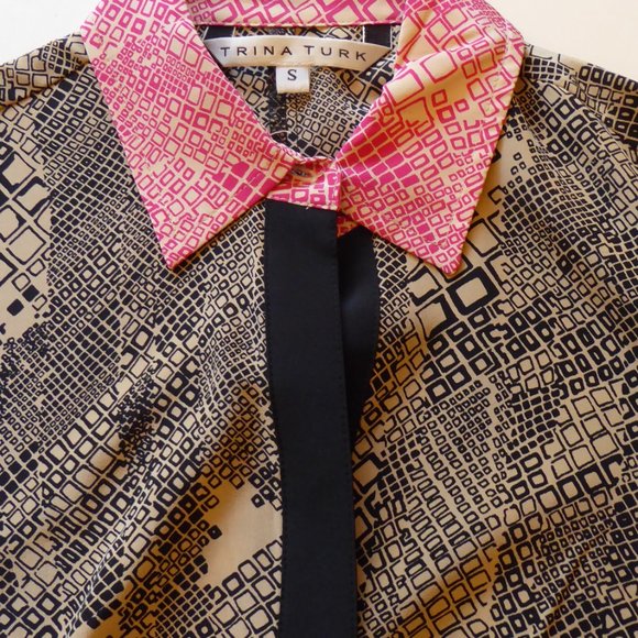 Trina Turk Meadows Top Button-up Silk Blouse Shirt Pink Tan Black Geo Pattern SM - Picture 13 of 15